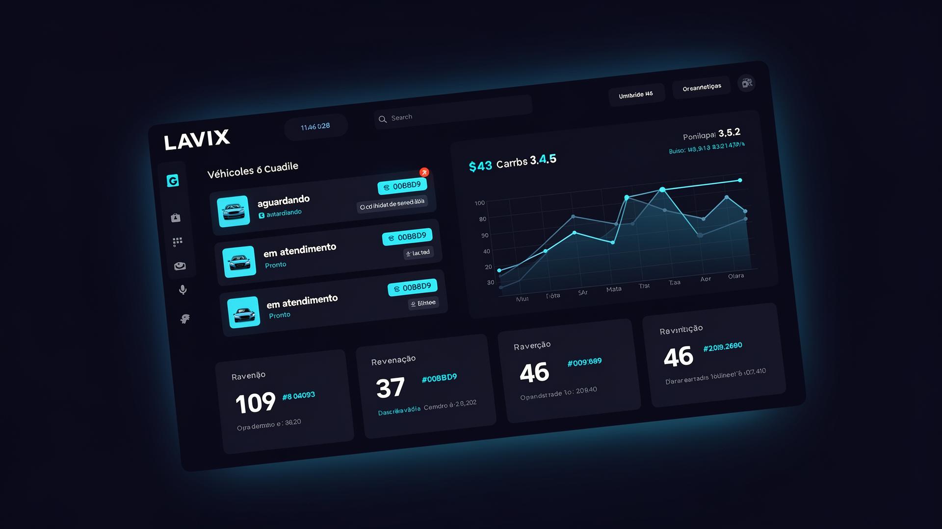 Painel de controle do LAVIX mostrando fila de veículos e receita